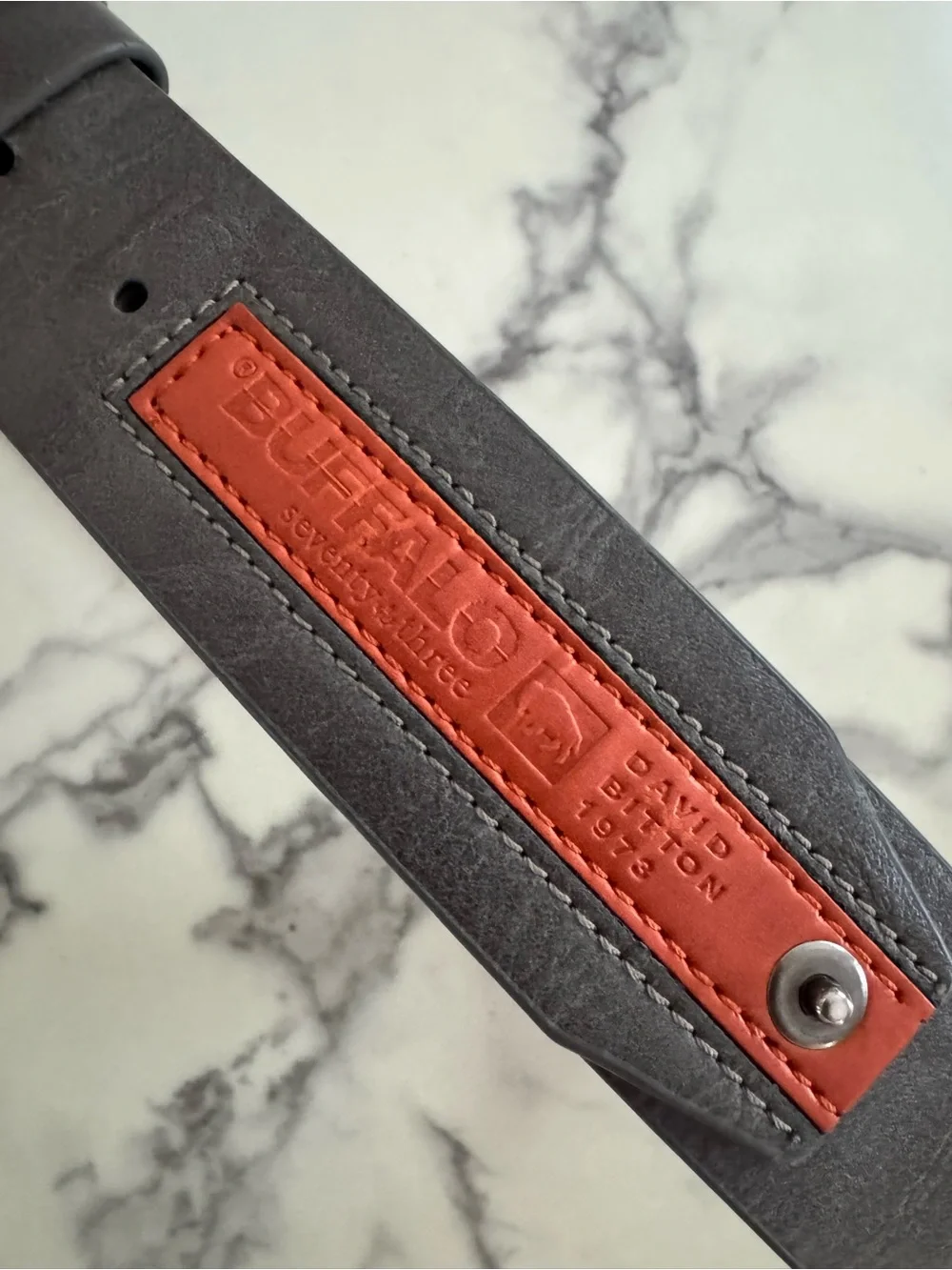 Men’s Buffalo David Bitton Gray Leather Belt w/ Orange “Seventy Three” Embossed
